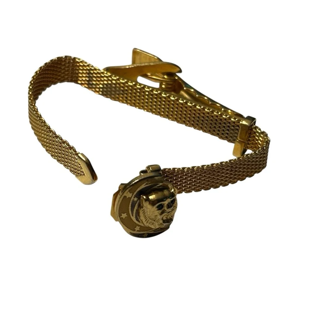 VTG Lion Moon Tie Clip Bar Mesh Wrap Around Celestial Gold Tone Green‎ Eyes MCM